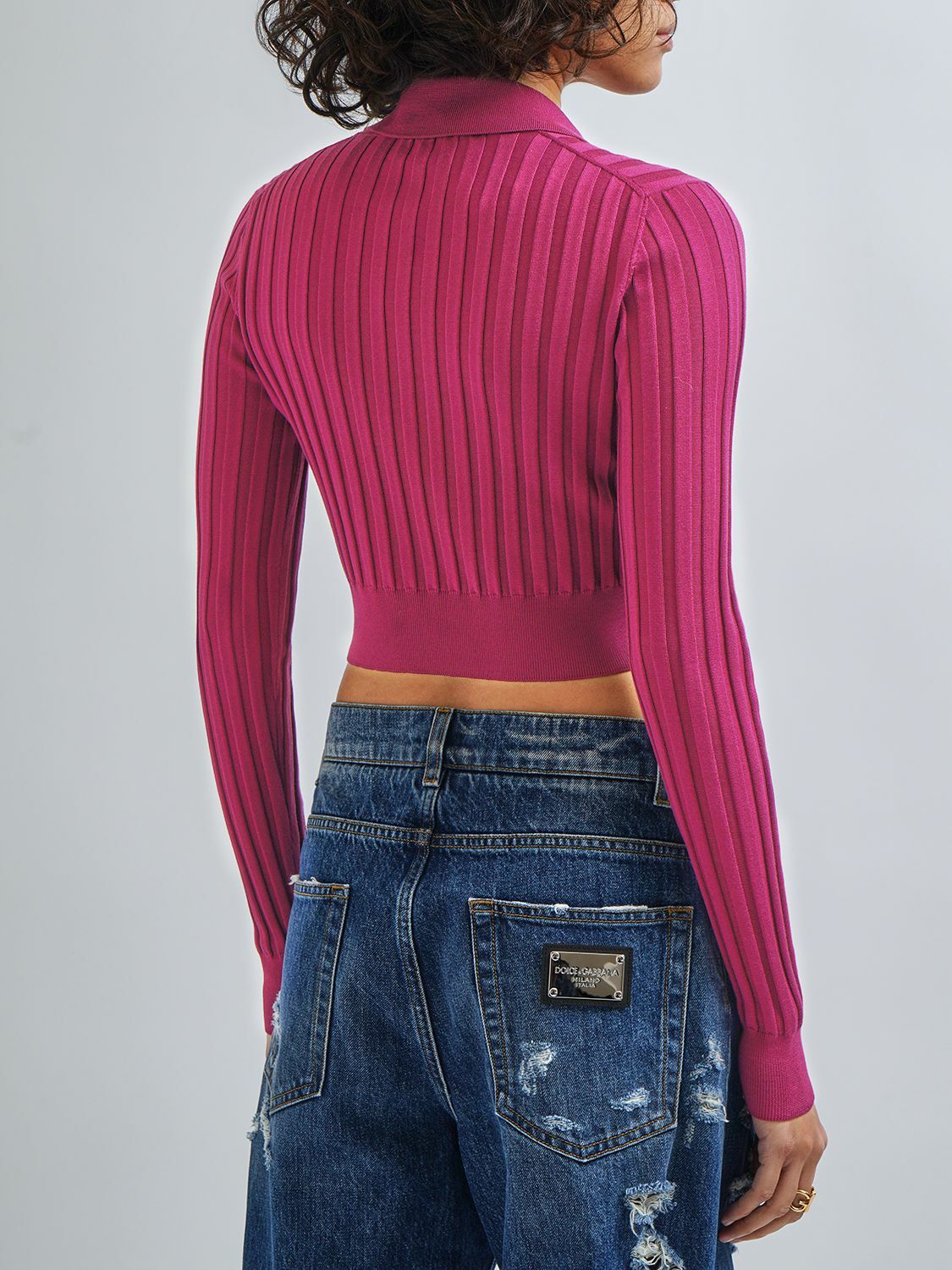 DOLCE & GABBANA - Silk Rib Knit Polo Crop Sweater Dolce & Gabbana