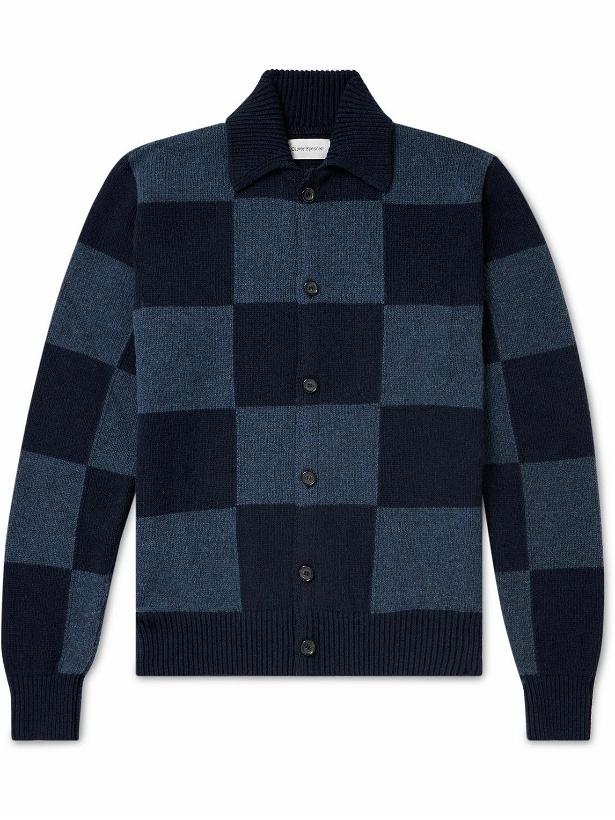 Photo: Oliver Spencer - Britten Checked Ribbed Wool-Jacquard Cardigan - Blue