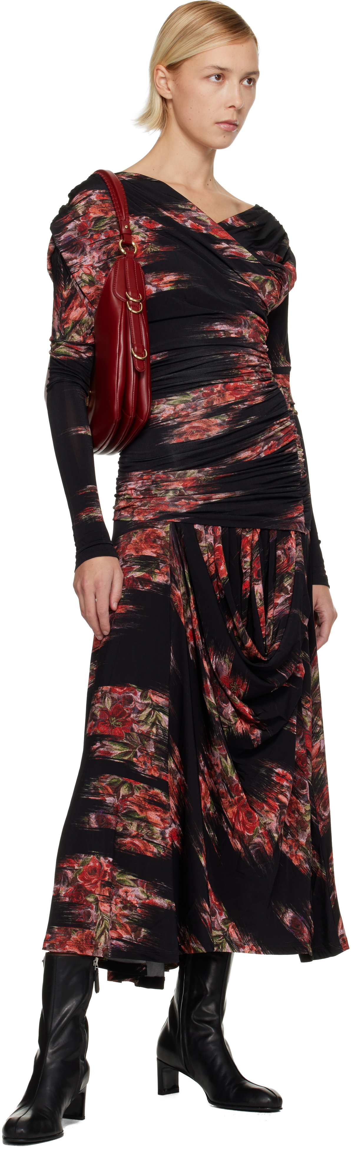 GANNI Black Floral Ruched Maxi Dress
