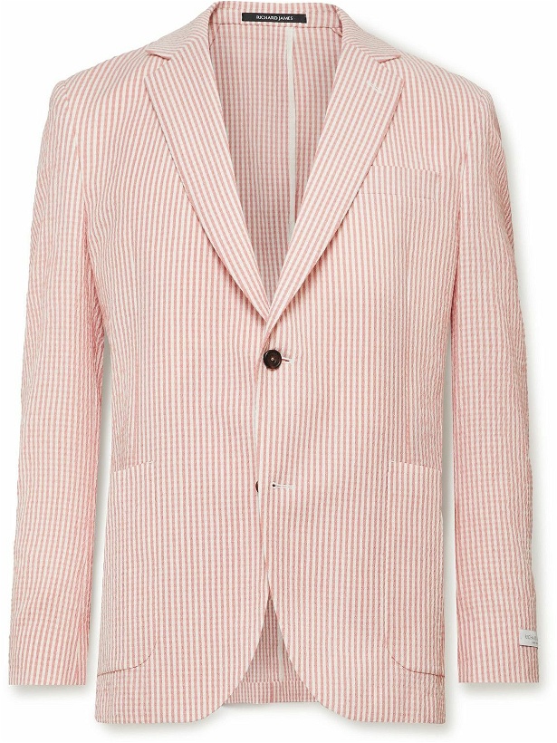 Photo: Richard James - Spirit Slim-Fit Unstructured Striped Stretch-Wool and Cotton-Blend Seersucker Suit Jacket - Pink