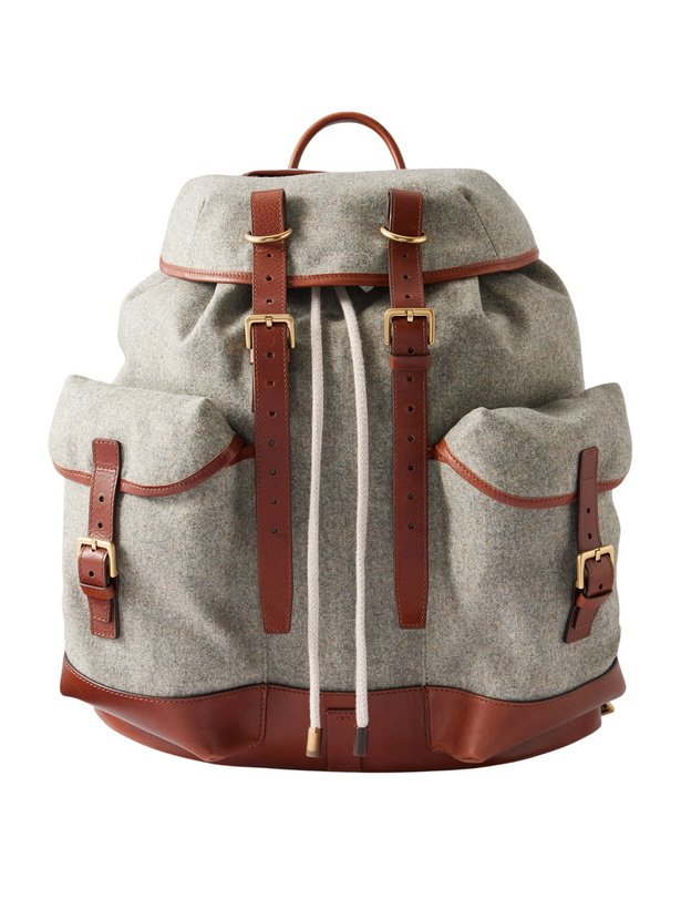 Photo: Brunello Cucinelli - Leather-Trimmed Flannel Backpack