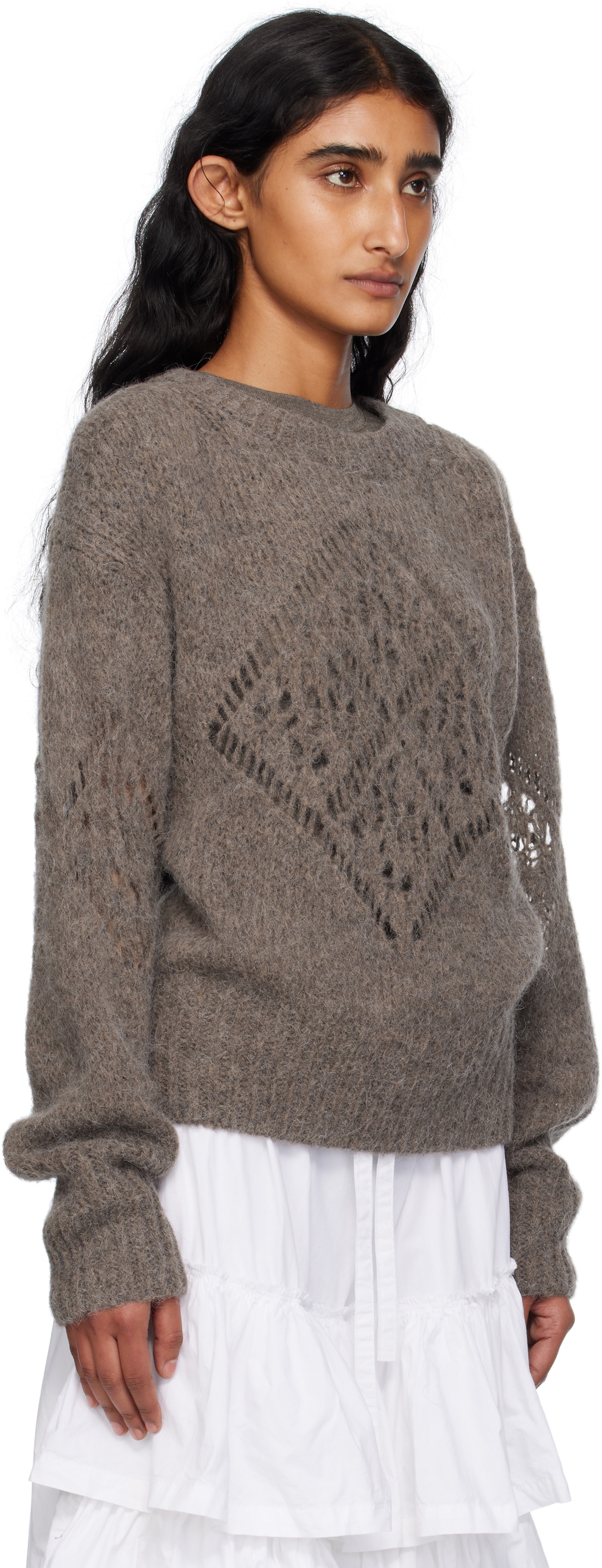 OPEN YY Taupe Alpaca Argyle Pointelle Sweater