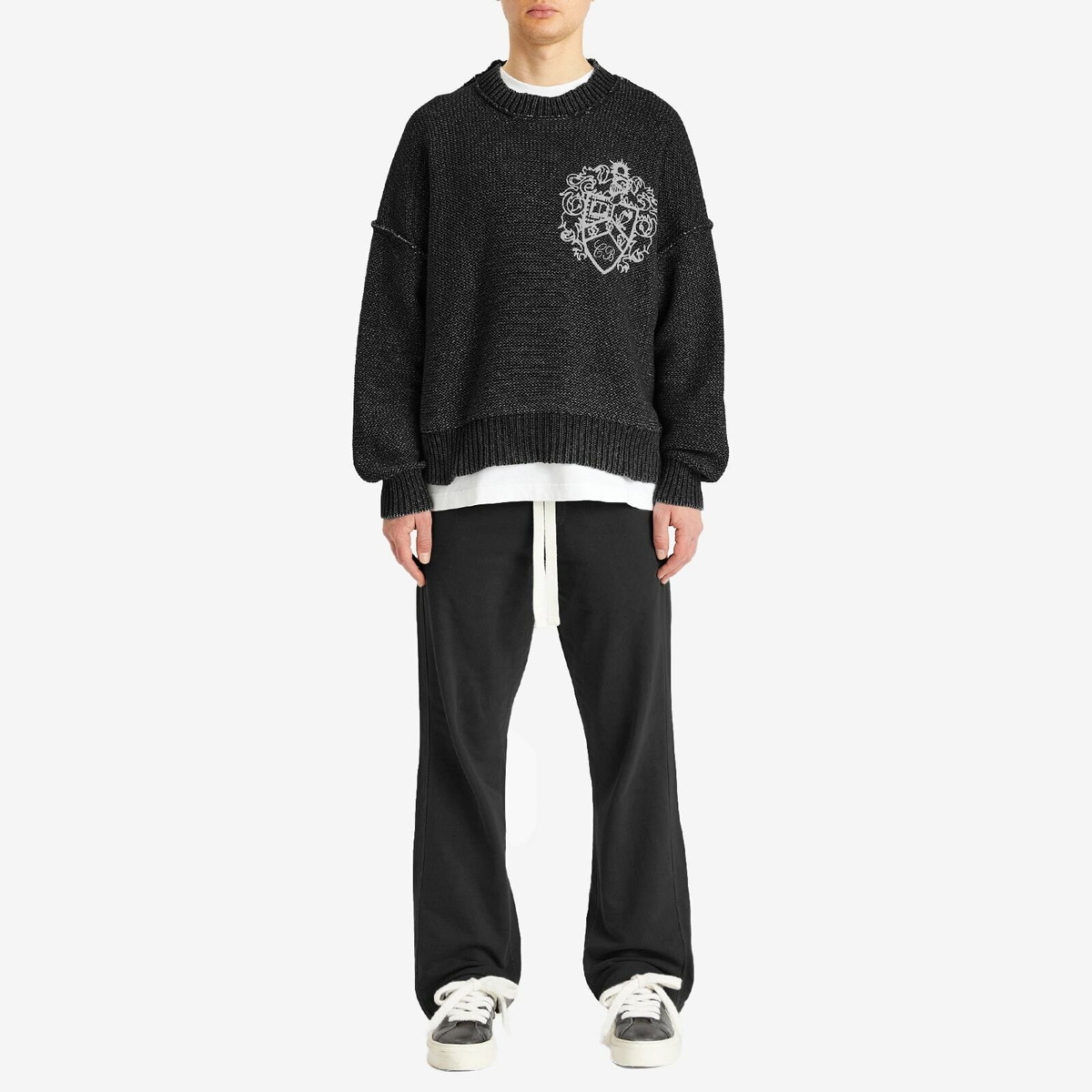 Cole Buxton Men's Collegiate Crest Knit Sweater in Washed Black