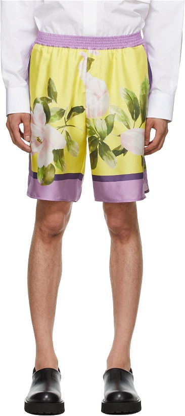 Photo: Valentino Purple & Yellow Silk Flying Flowers Bermuda Shorts