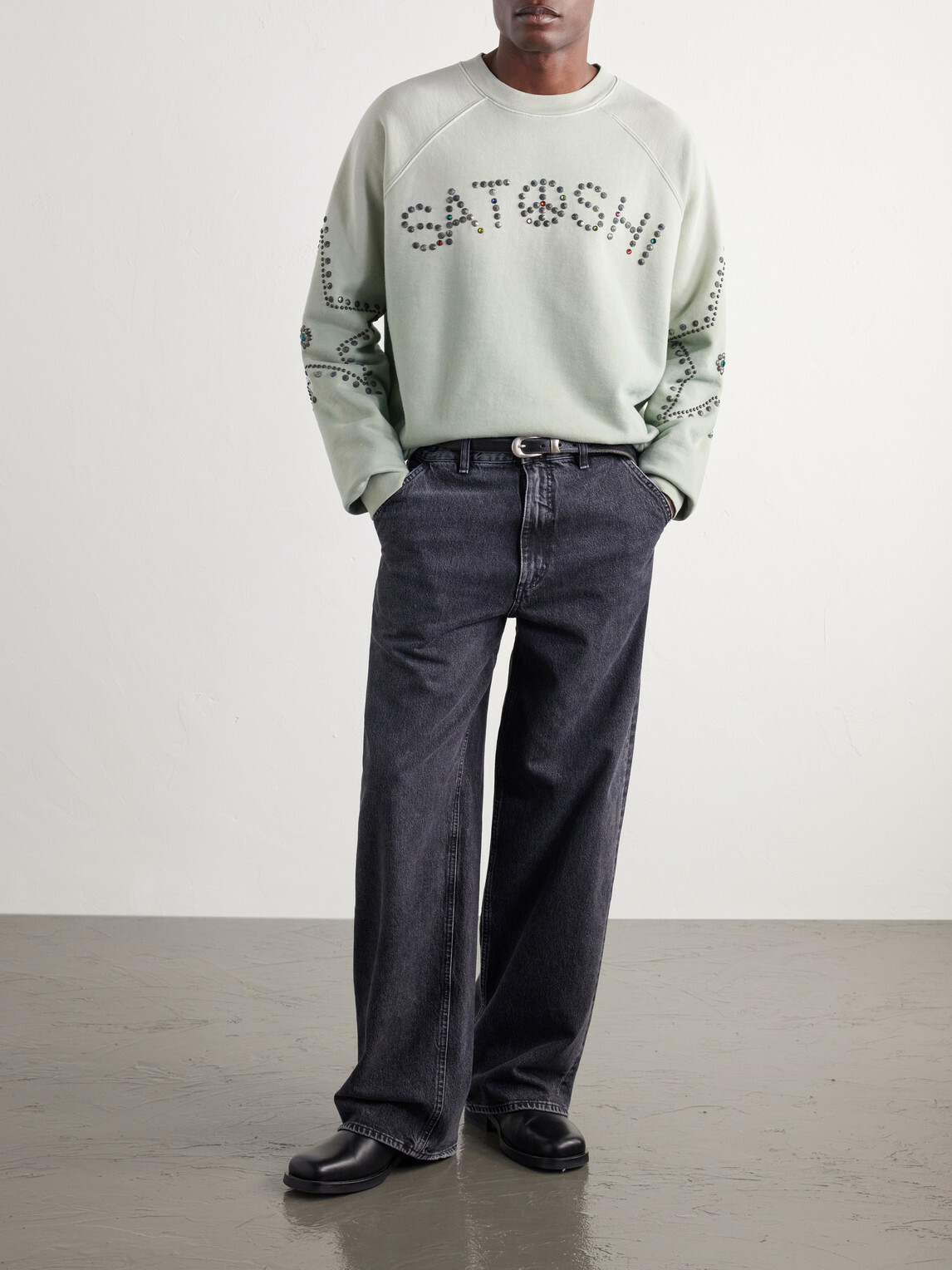 Satoshi Nakamoto - Distressed Studded Cotton-Jersey Sweatshirt - Green