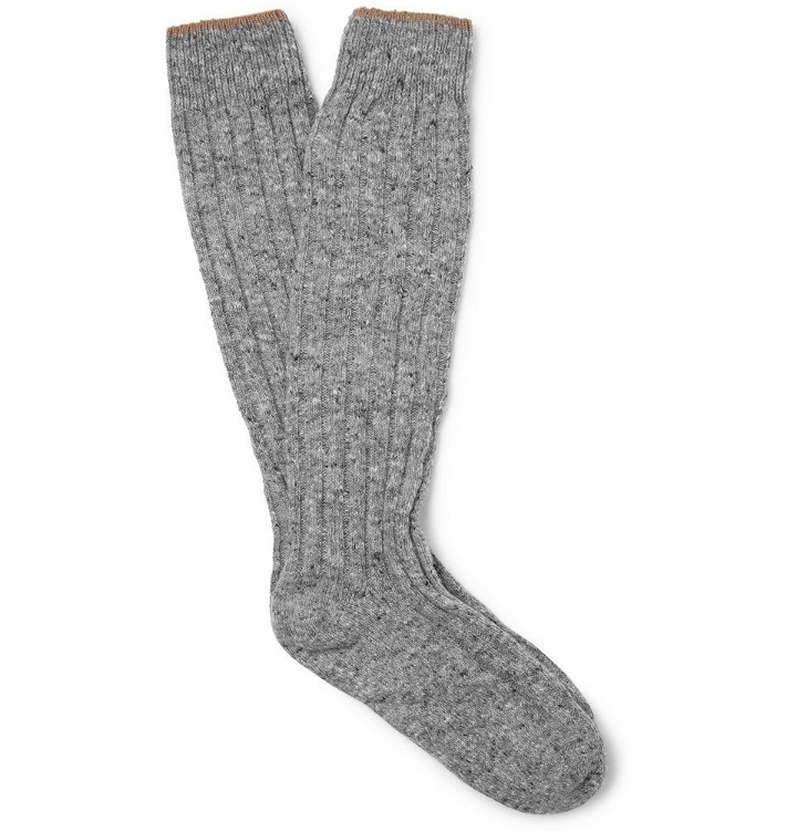 Photo: Brunello Cucinelli - Ribbed Mélange Virgin Wool-Blend Socks - Men - Gray