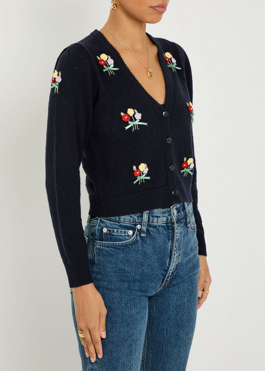 Rixo Merinda Floral-appliquéd Wool Cardigan Navy