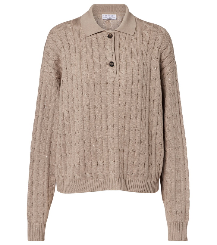 Photo: Brunello Cucinelli Cable-knit cotton-blend polo sweater