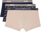 Emporio Armani Three-Pack Navy & Beige Boxers