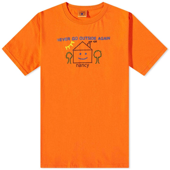 Photo: Nancy Men's Never Go Outside Again, Again T-Shirt in Orange