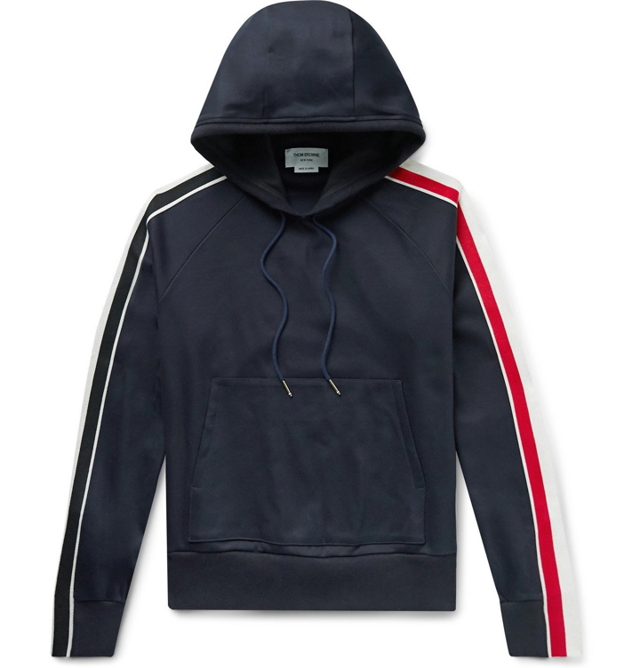 Photo: Thom Browne - Striped Grosgrain-Trimmed Cotton-Jersey Hoodie - Blue