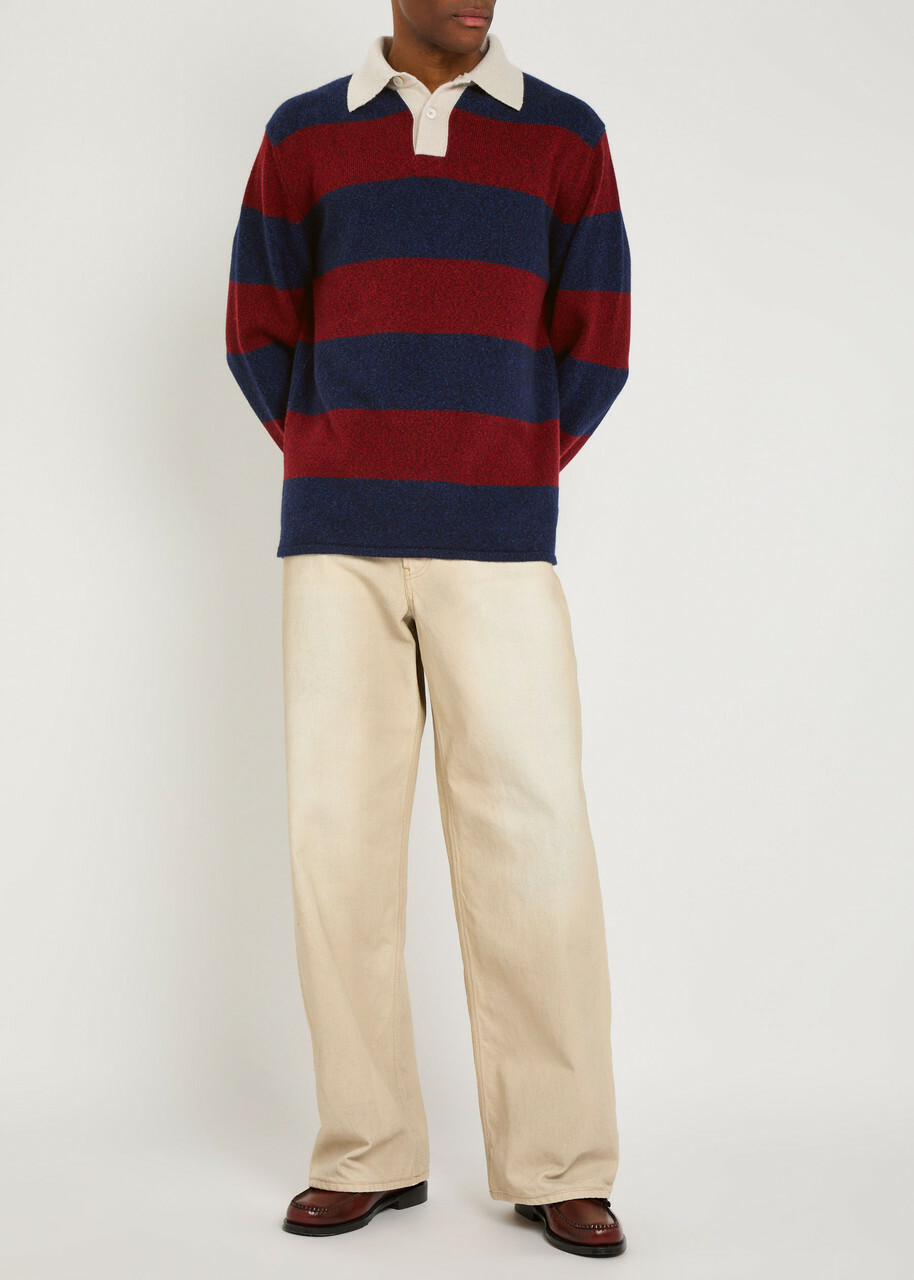 Begg & CO Hooped Striped Cashmere Polo Jumper Navy