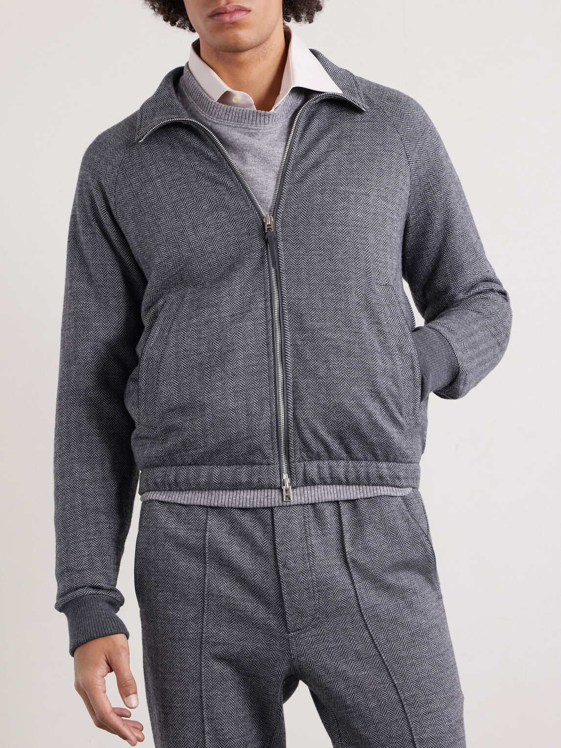 TOM FORD - Herringbone Cotton, Wool and Silk-Blend Jacket - Black