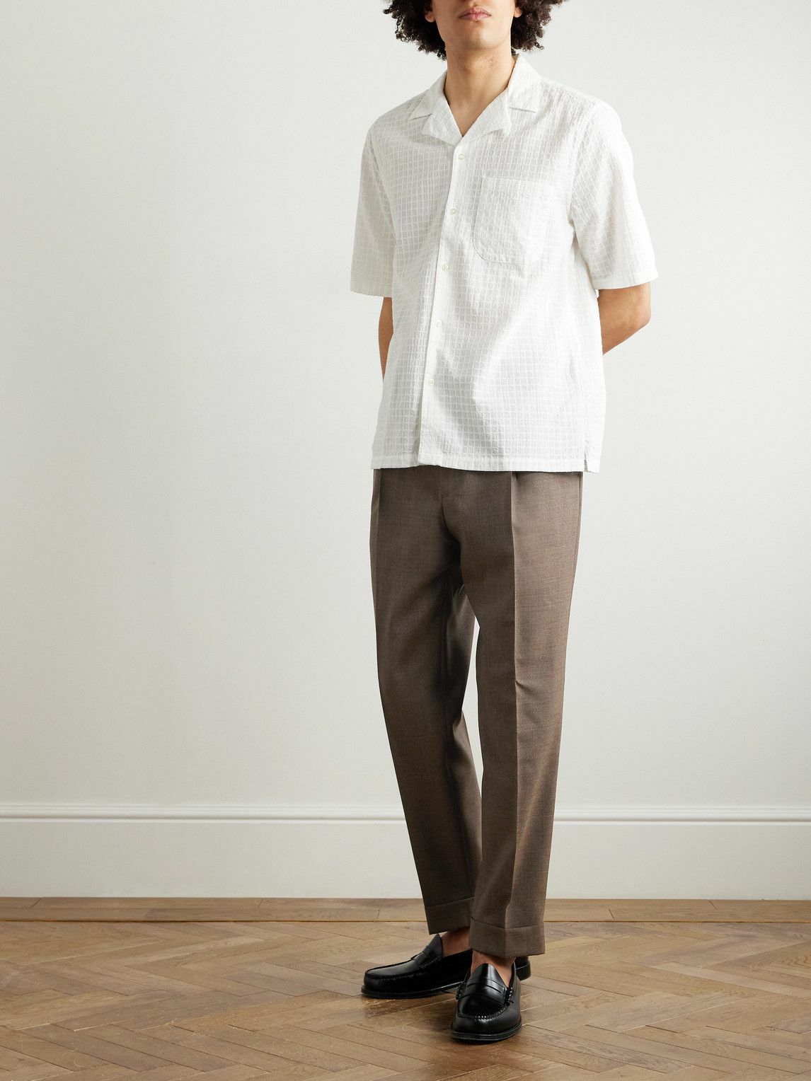 Officine Générale - Hugo Tapered Belted Pleated Virgin Wool Suit Trousers - Brown