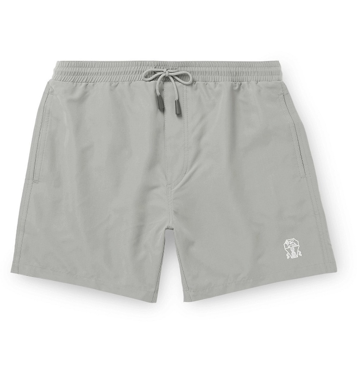 Photo: Brunello Cucinelli - Mid-Length Logo-Print Swim Shorts - Gray