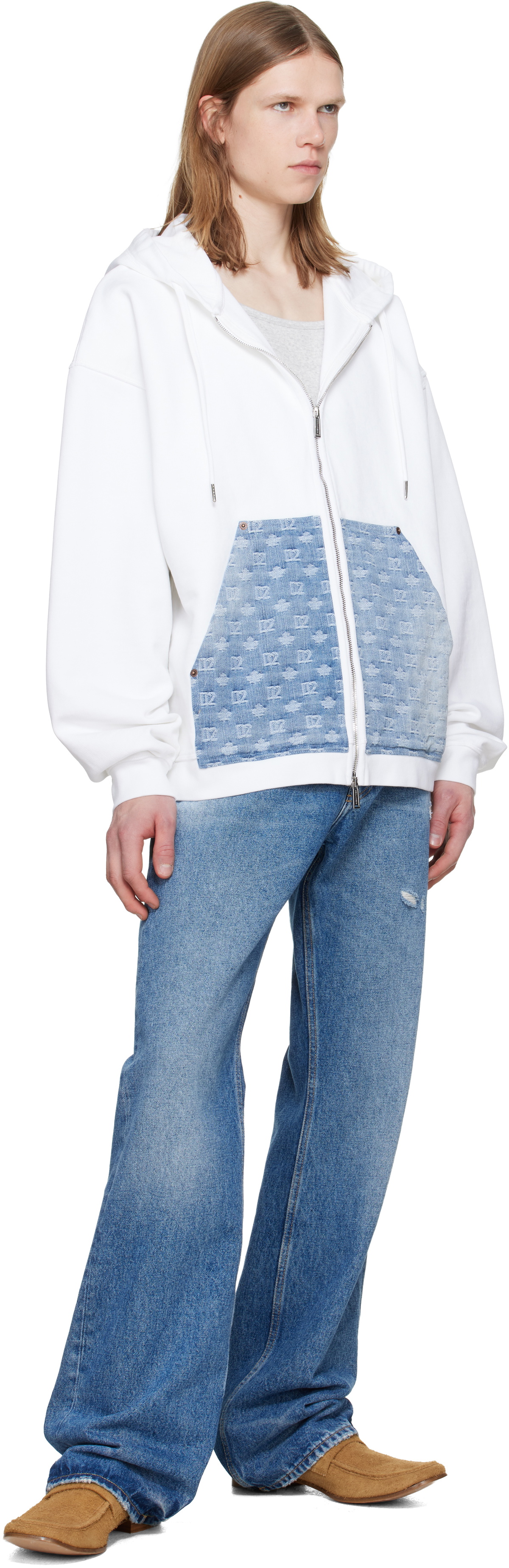 Dsquared2 White Denim Mix Relax Zipped Fit Hoodie
