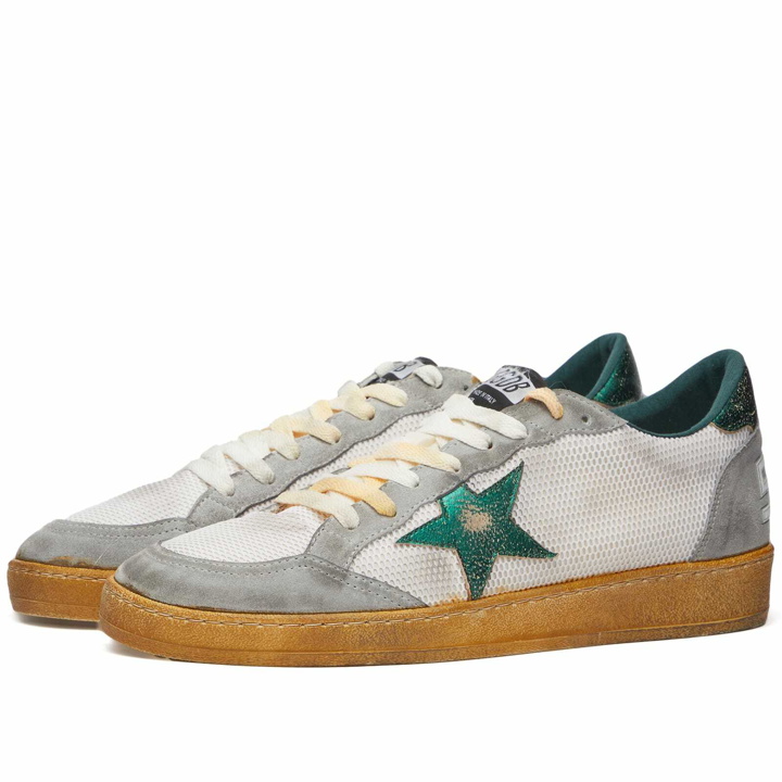 Photo: Golden Goose Men's Ball Star Leather Sneakers in White/Green/Silver