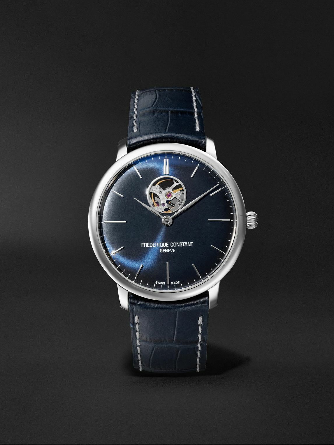 Venture bud have på Frederique Constant - Slimline Heart Beat Automatic 40mm Stainless Steel  and Croc-Effect Leather Watch, Ref. No. FC-312N4S6 - Blue Frederique  Constant