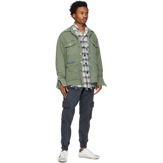 Greg Lauren Blue and White Shawl Collar Boxy Studio Shirt Greg Lauren