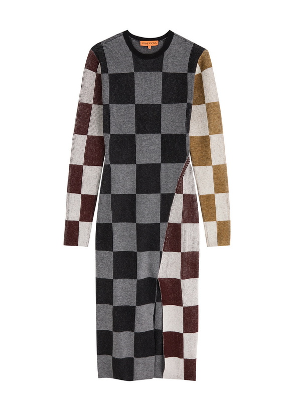 Photo: Stine Goya Checked-intarsia Ribbed-knit Midi Dress Black