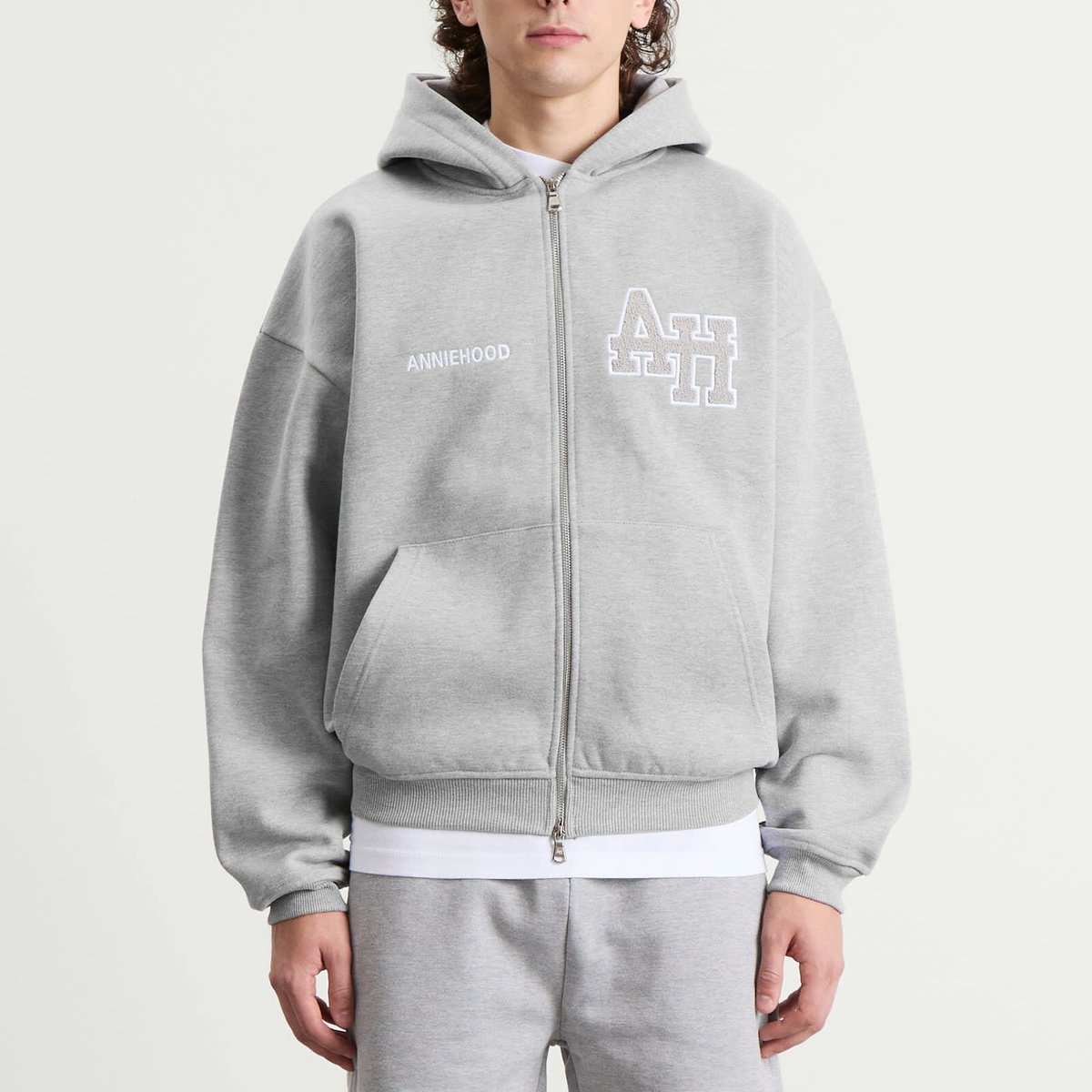 ANNIE HOOD Men's College Zip Hoodie in Grey/Grey