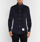 Thom Browne - Slim-Fit Button-Down Collar Denim-Panelled Cotton-Corduroy Shirt - Men - Navy