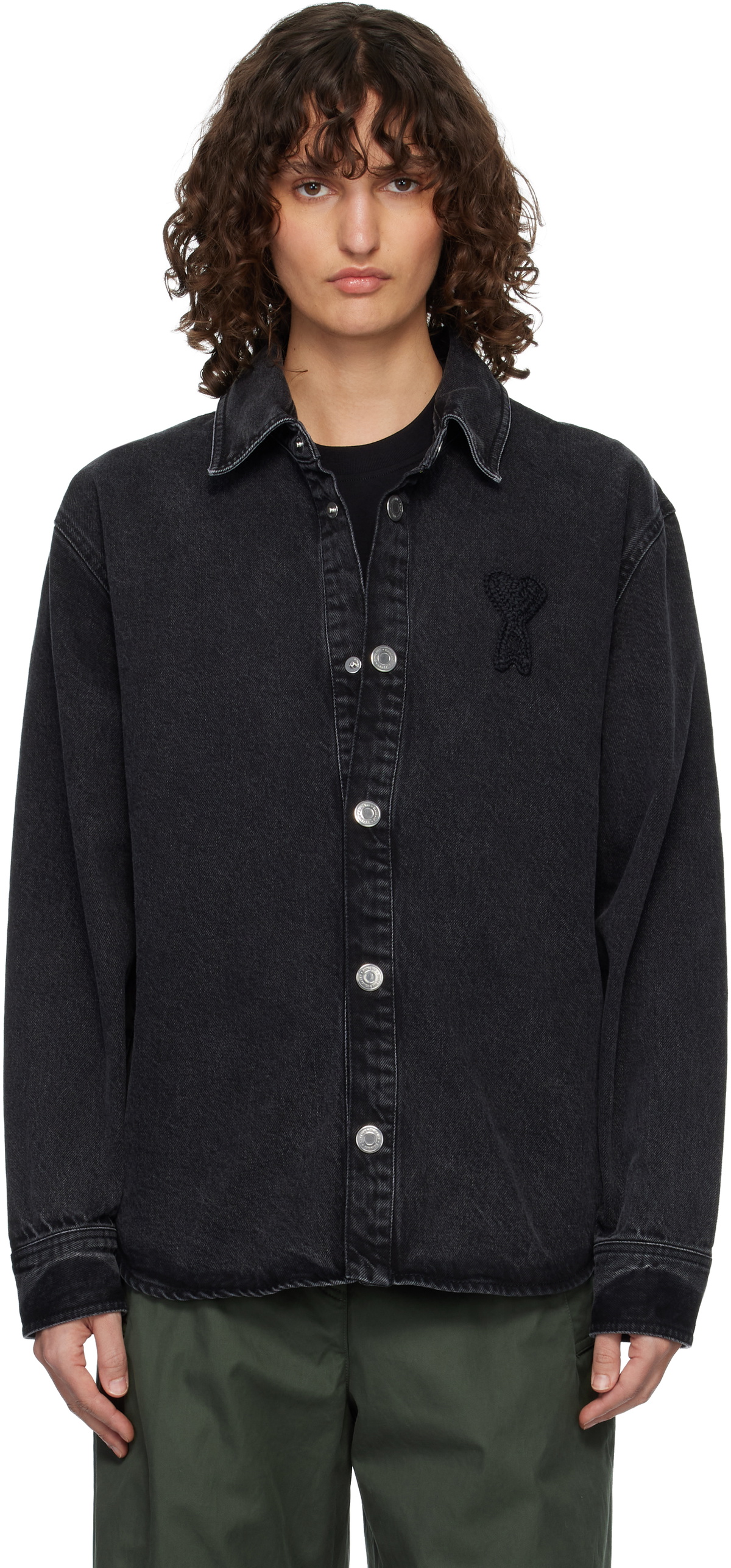 AMI Paris Black Cotton Knitted Ami de Coeur Denim Overshirt