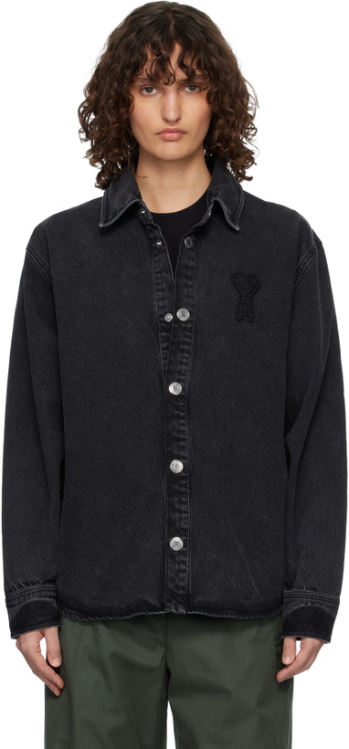 Photo: AMI Paris Black Cotton Knitted Ami de Coeur Denim Overshirt
