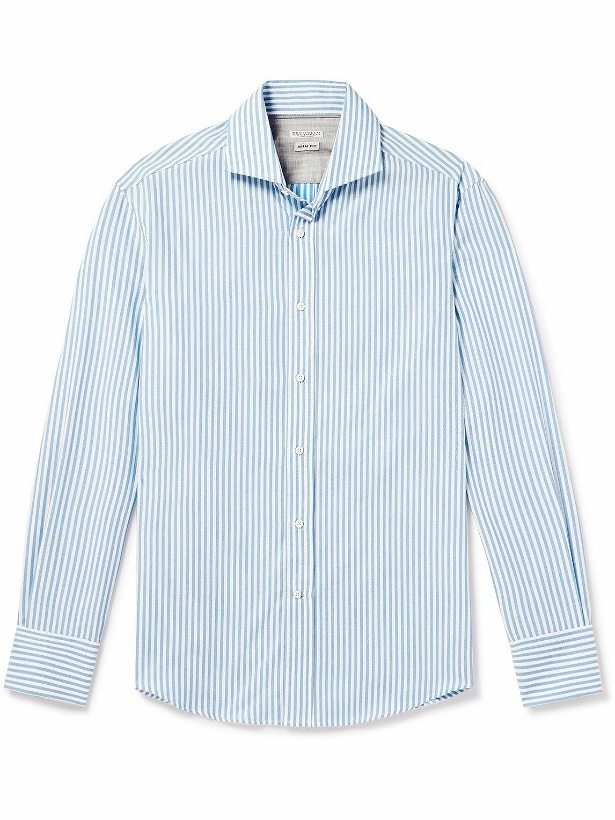 Photo: Brunello Cucinelli - Slim-Fit Striped Cotton Oxford Shirt - Blue