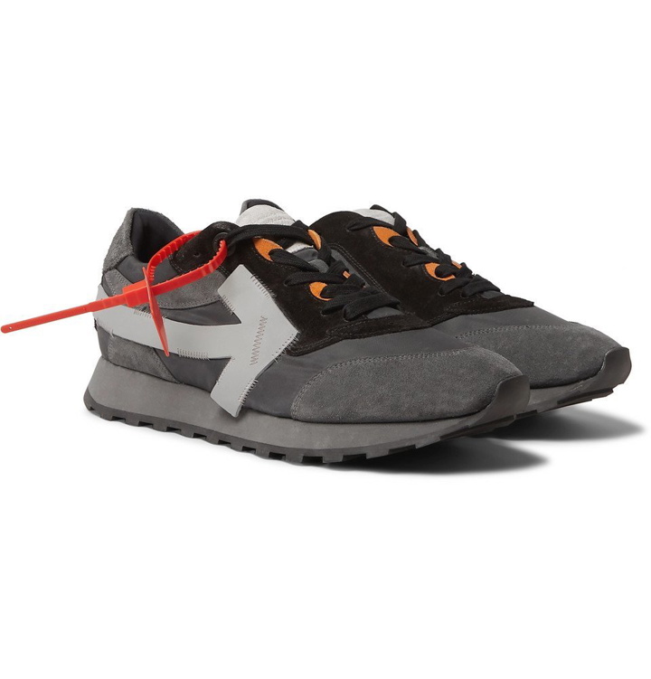 Photo: Off-White - Leather-Trimmed Shell and Suede Sneakers - Dark gray