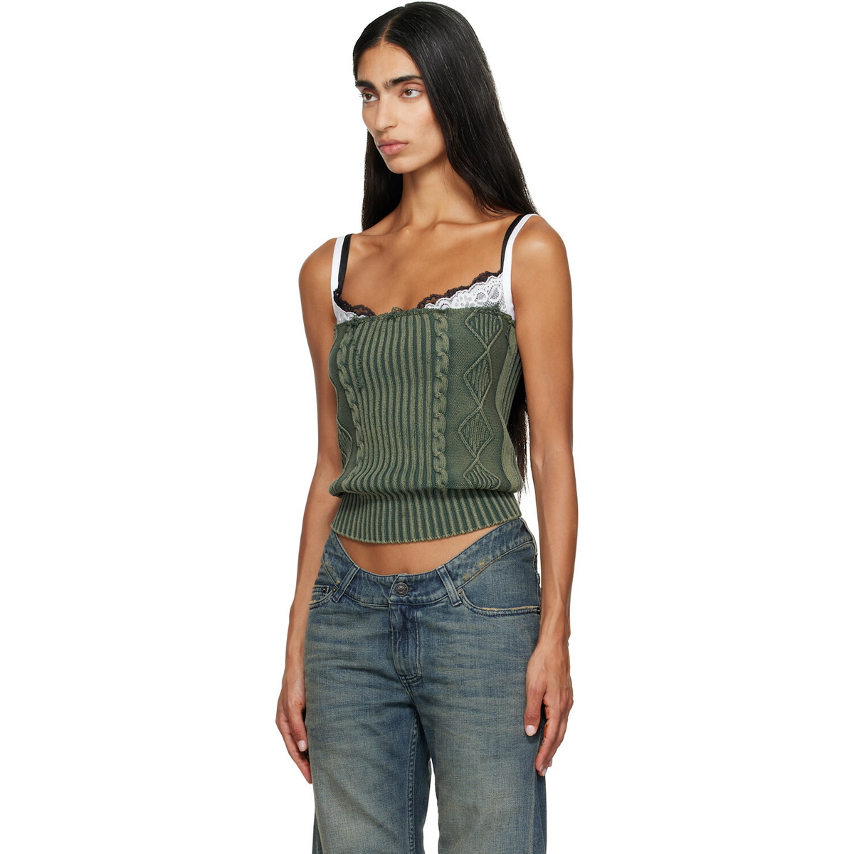Balenciaga Green Patched Cotton Hybrid Cable Knit Tank Top