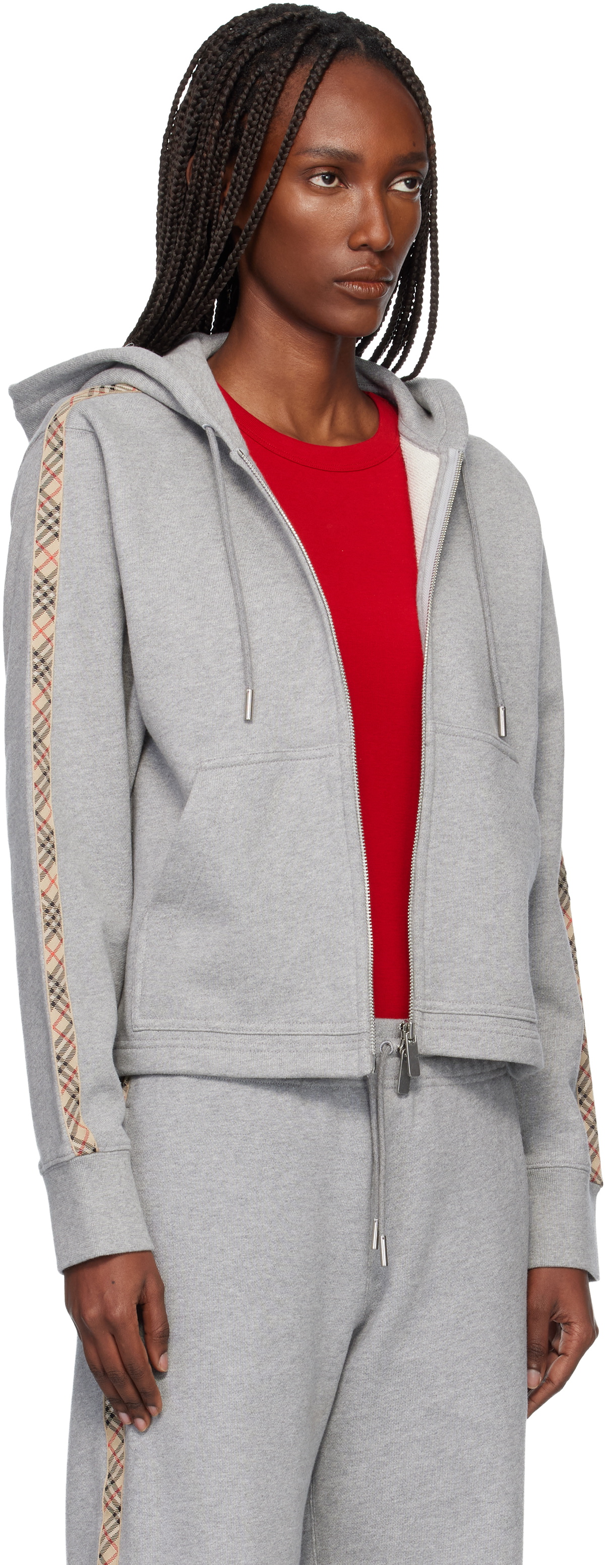 Burberry Gray Check Trim Cotton Zip Hoodie