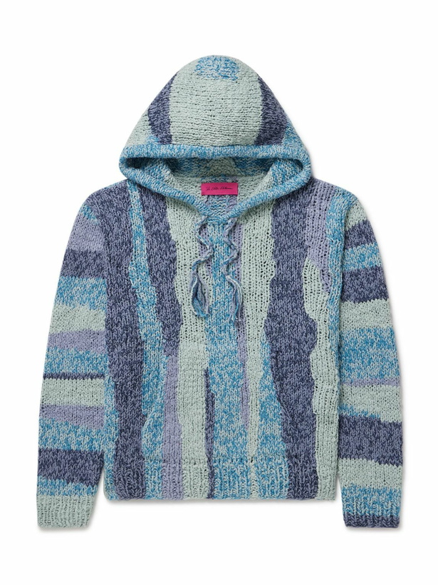 Photo: The Elder Statesman - Tasselled Striped Crocheted Organic Cotton Hoodie - Blue