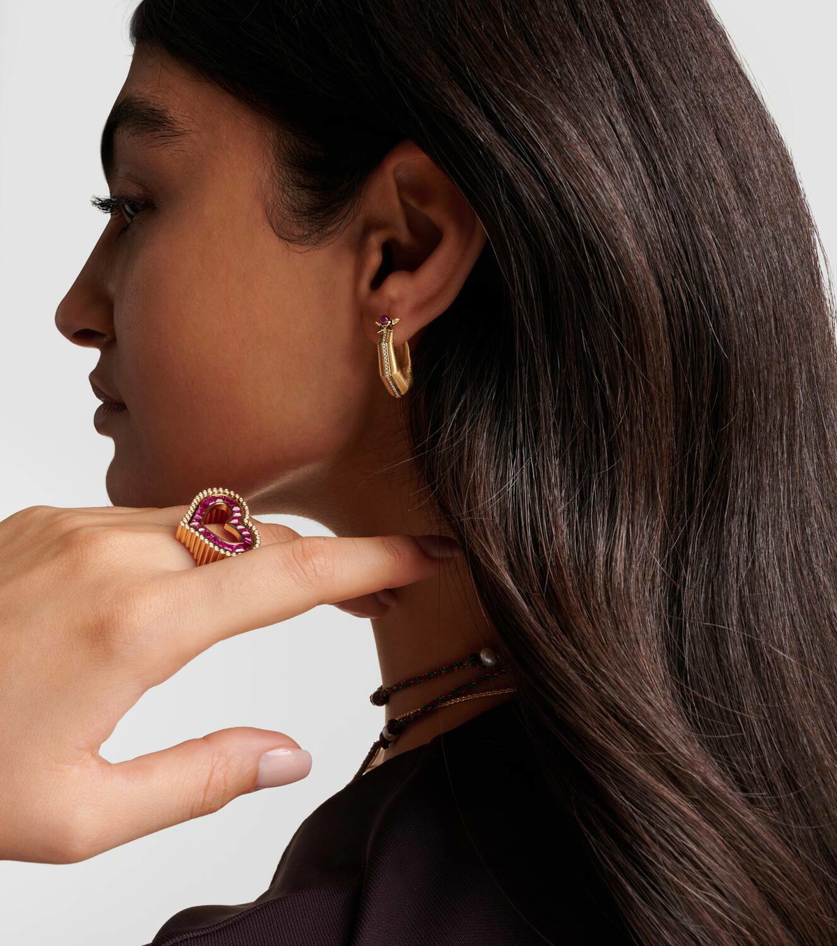 Marie Lichtenberg Baba Medium 18kt gold single hoop earring with diamonds and ruby