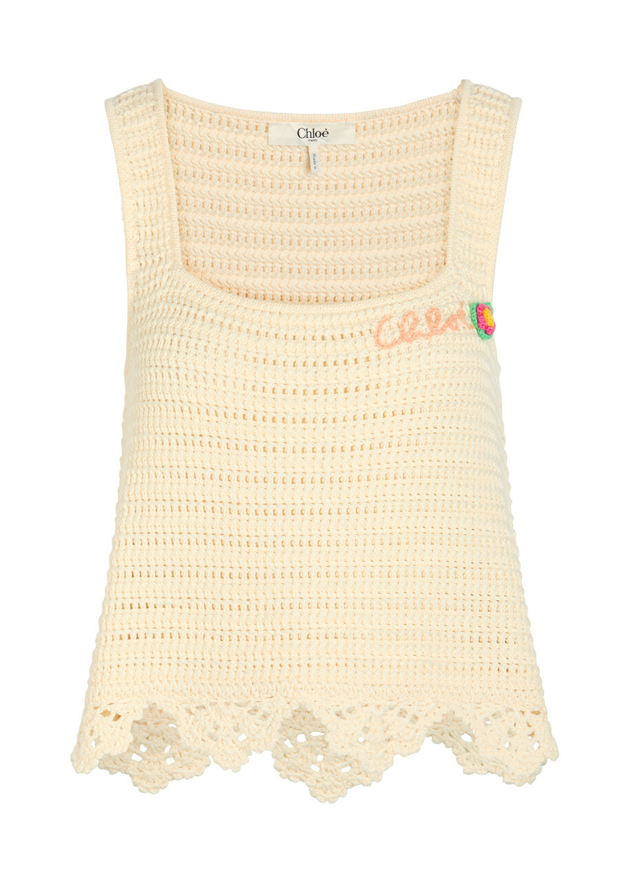 Chloe Logo-intarsia Crochet Cotton top White