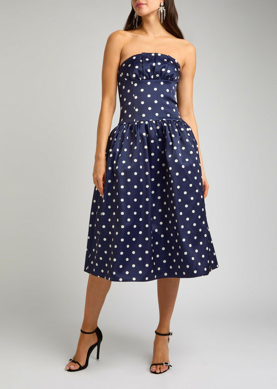 Self-portrait Polka dot Strapless Satin Midi Dress Navy