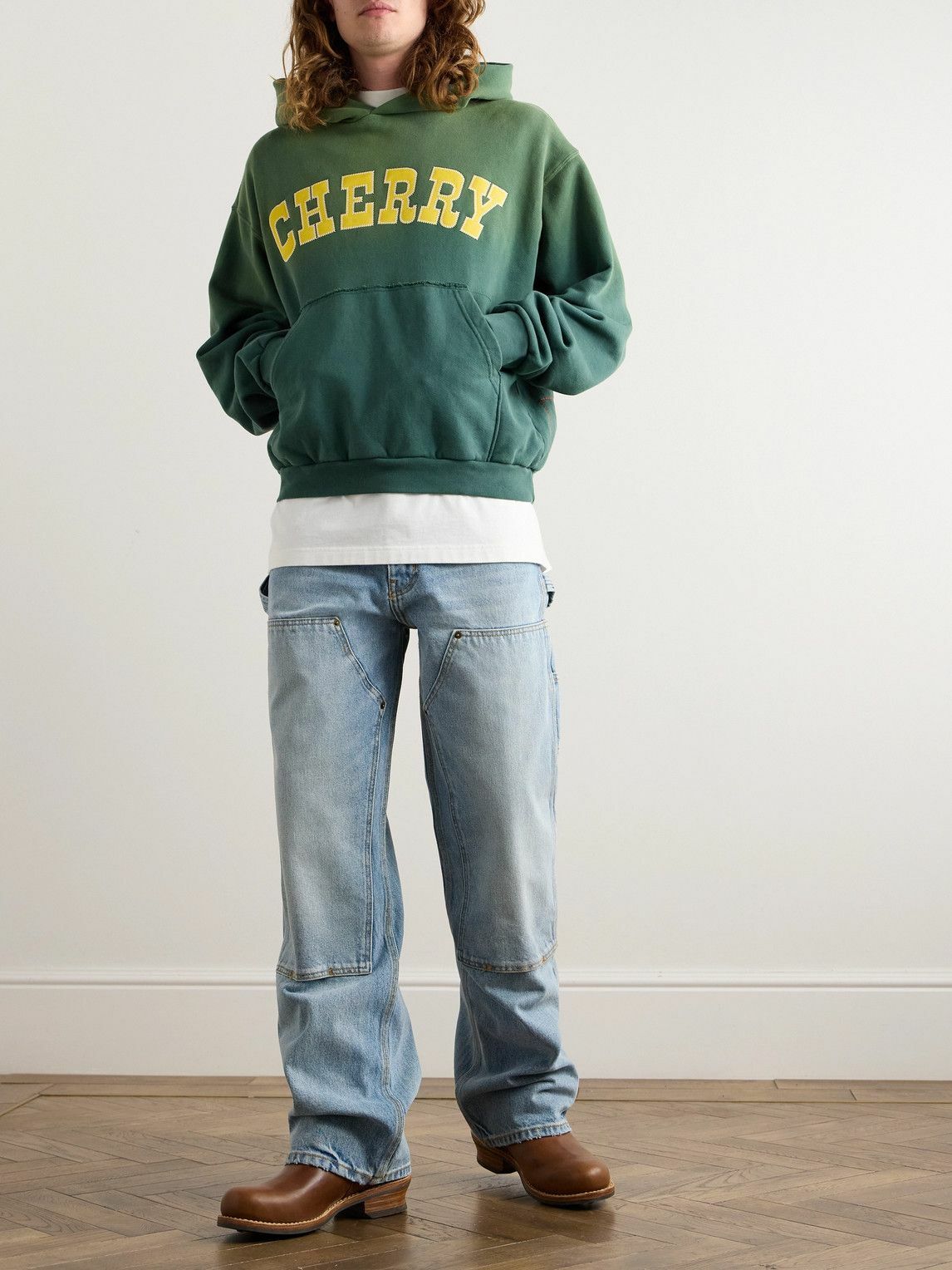 Cherry Los Angeles - Distressed Logo-Appliquéd Cotton-Jersey Hoodie - Green
