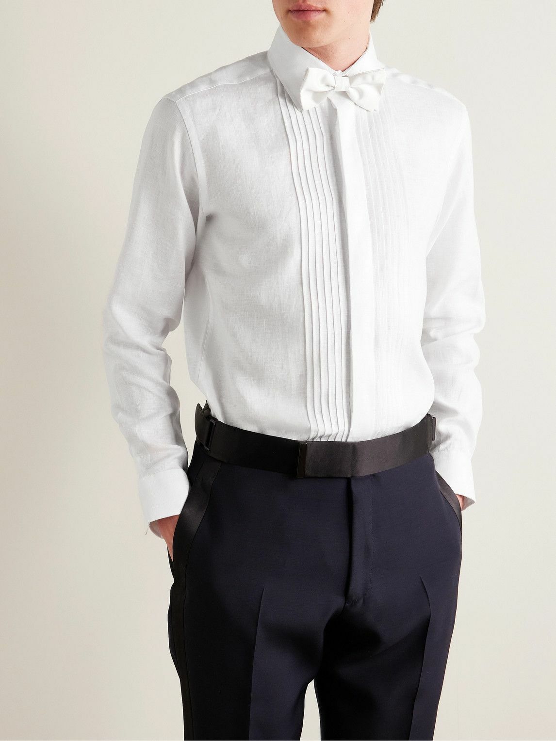 Favourbrook - Pintucked Linen Tuxedo Shirt - White