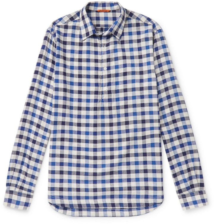 Photo: Barena - Checked Cotton and Linen-Blend Half-Placket Shirt - Blue
