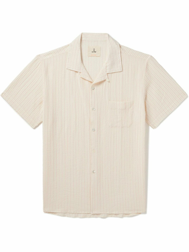 Photo: La Paz - Panama Convertible-Collar Striped Textured-Cotton Shirt - Neutrals