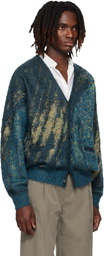 YOKE Blue & Green Abstract Jacquard Mohair Cardigan