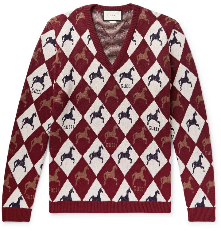 Photo: Gucci - Wool-Jacquard Sweater - Men - Burgundy