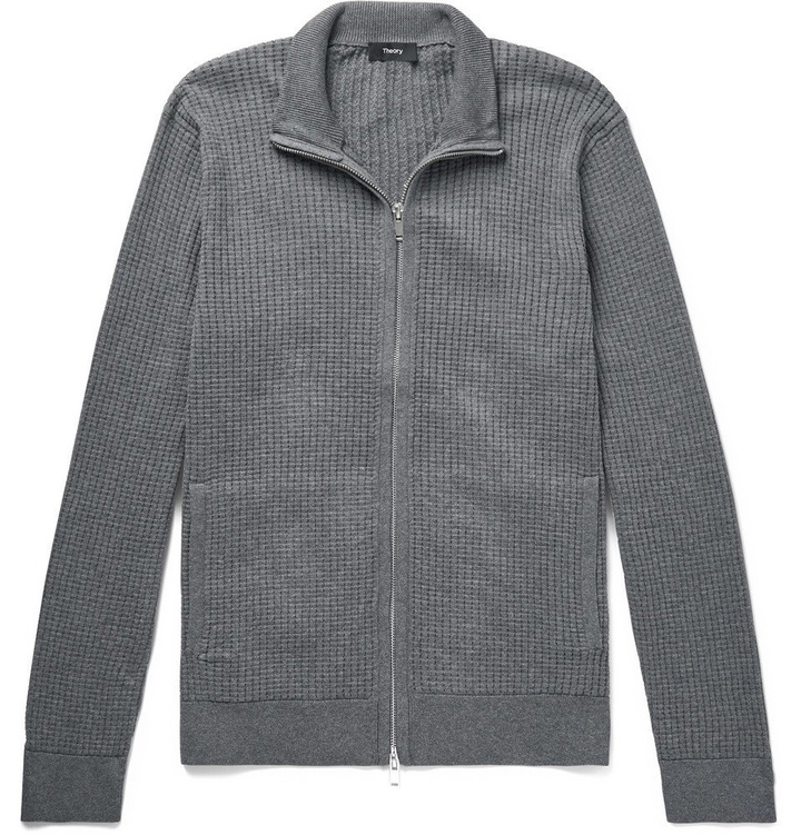 Photo: Theory - Amadeo Waffle-Knit Cotton Zip-Up Cardigan - Gray