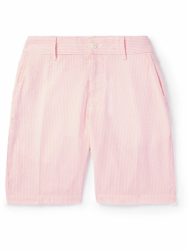 Photo: Save Khaki United - Straight-Leg Striped Cotton-Seersucker Shorts - Pink