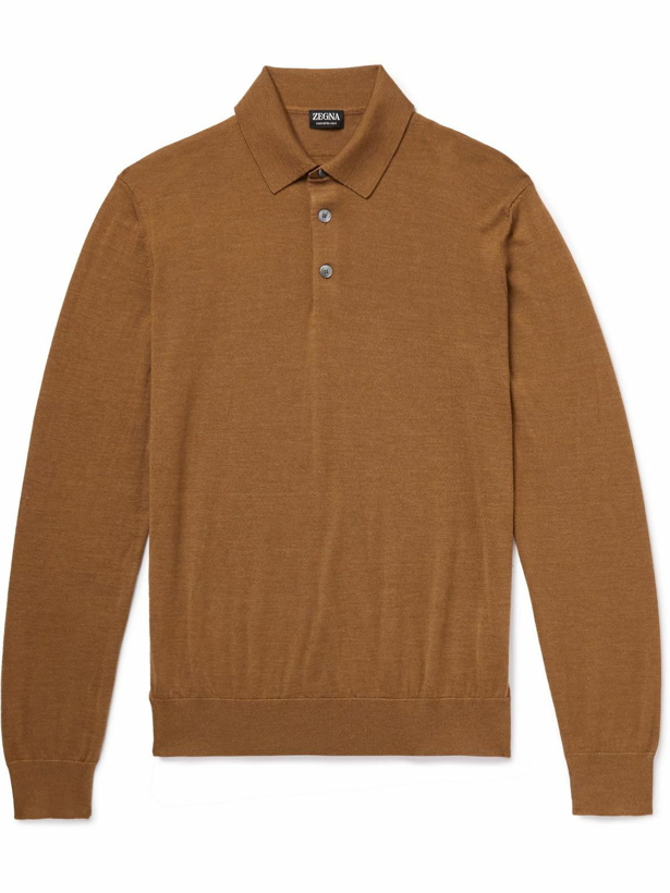 Photo: Zegna - Ribbed Cashmere and Silk-Blend Polo Shirt - Brown