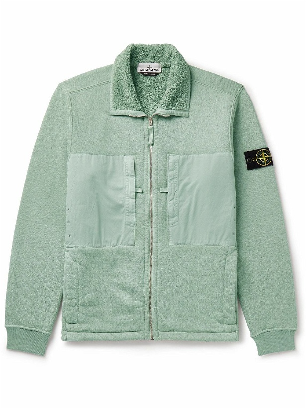 Photo: Stone Island - Logo-Appliquéd Twill-Panelled Cotton-Blend Jersey Zip-Up Sweatshirt - Green