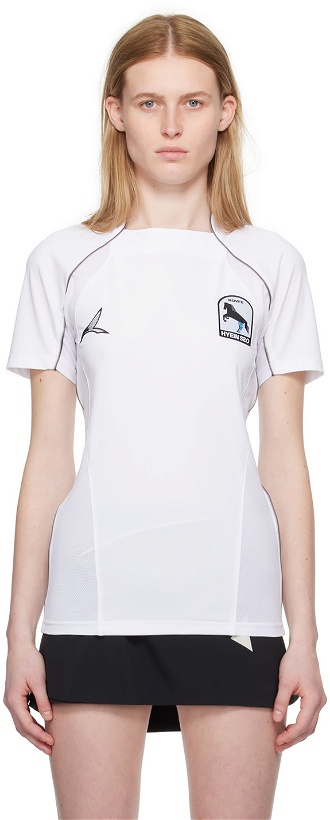 Photo: HYEIN SEO White Football T-Shirt