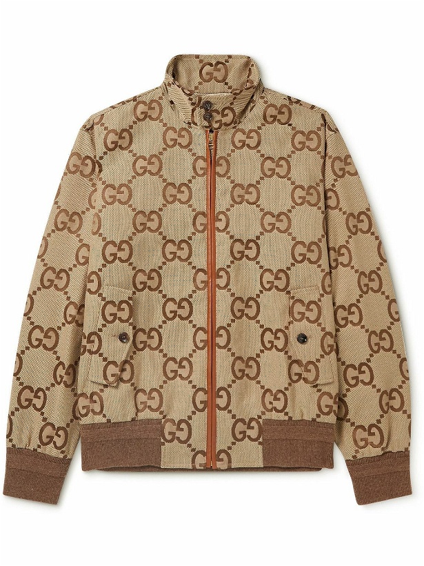 Photo: GUCCI - Logo-Jacquard Leather-Trimmed Cotton-Blend Canvas Bomber Jacket - Brown