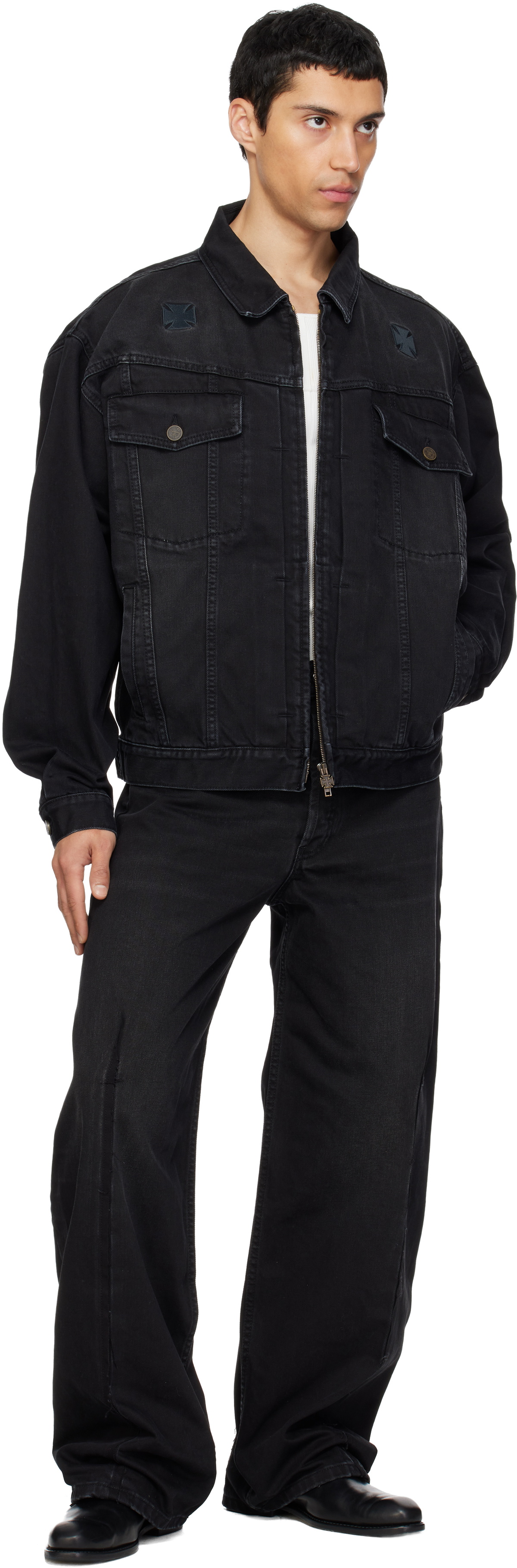 VETEMENTS Black Appliqué Biker Crosses Zip Denim Jacket