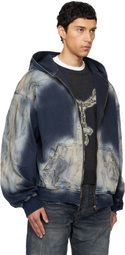 We11done Blue Zip-Up Dirty Denim Jacket